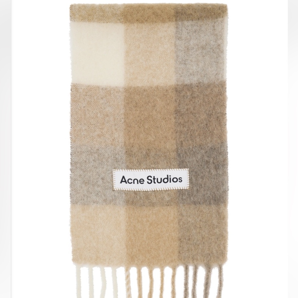 Acne Studios Check Fringe Scarf in Cream, Tan, Brown